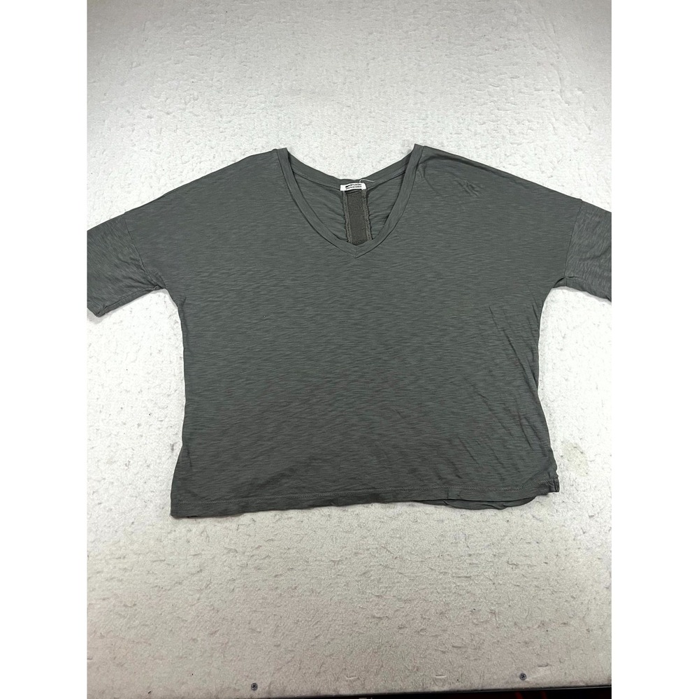LAmade T Shirt Womens Small Olive Green Cotton Ruched Back V Neck Short Sleeve